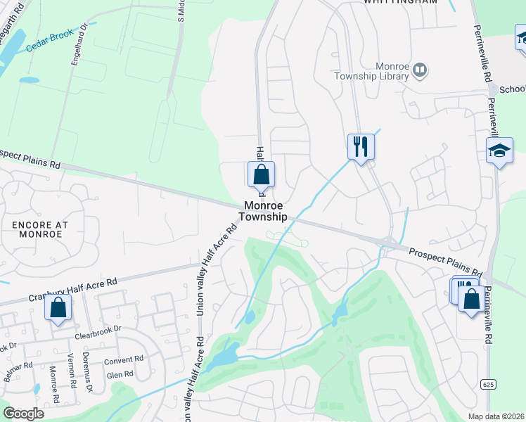 map of restaurants, bars, coffee shops, grocery stores, and more near in Monroe Township