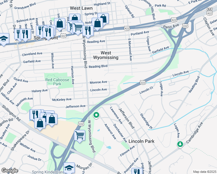 map of restaurants, bars, coffee shops, grocery stores, and more near 547 West Lawn Avenue in West Lawn