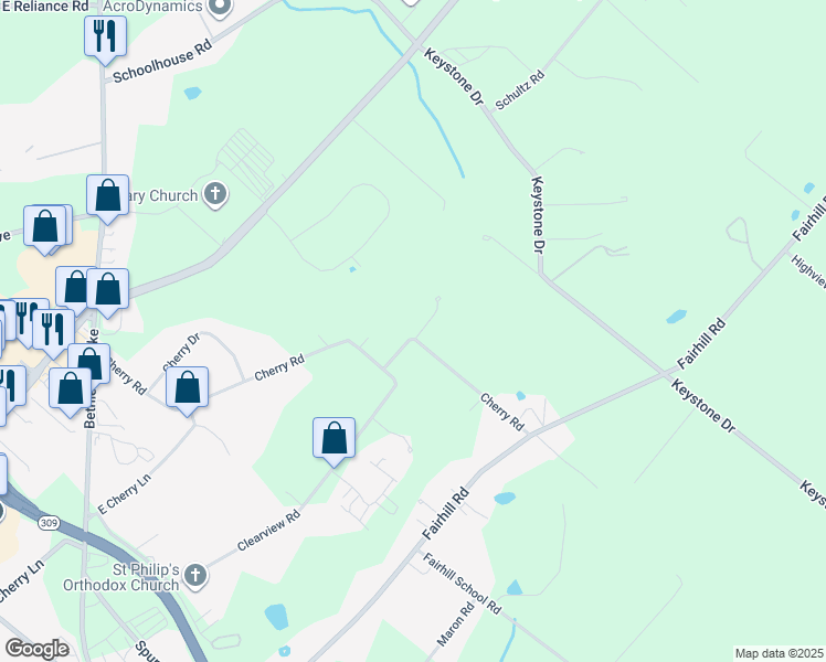 map of restaurants, bars, coffee shops, grocery stores, and more near 599 Cherry Road in Souderton