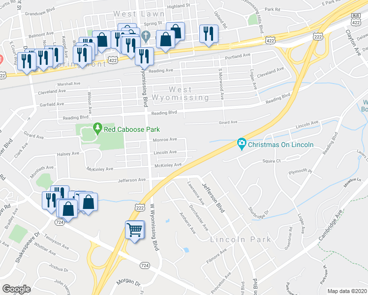 map of restaurants, bars, coffee shops, grocery stores, and more near 547 West Lawn Avenue in West Lawn