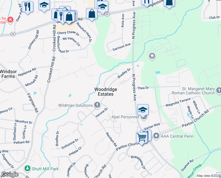 map of restaurants, bars, coffee shops, grocery stores, and more near 2201 Bradley Drive in Harrisburg