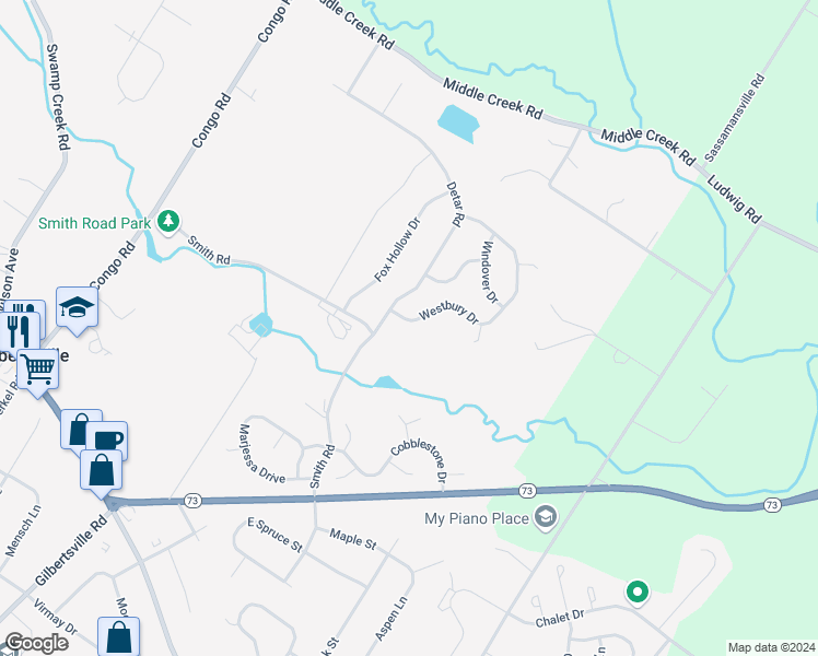 map of restaurants, bars, coffee shops, grocery stores, and more near 30 Westbury Drive in Gilbertsville