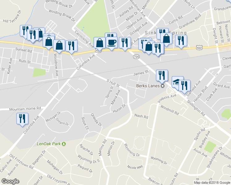 map of restaurants, bars, coffee shops, grocery stores, and more near 712 Maria Avenue in Sinking Spring