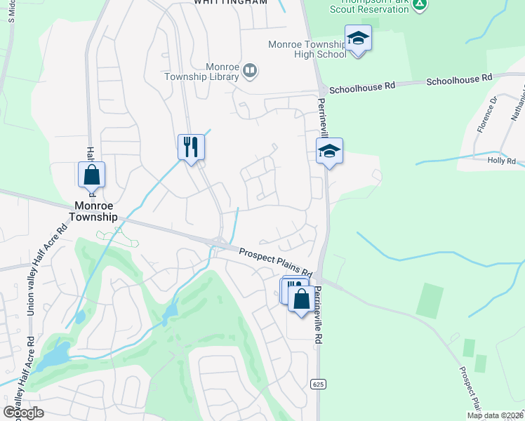 map of restaurants, bars, coffee shops, grocery stores, and more near 43 Winthrop Road in Monroe Township