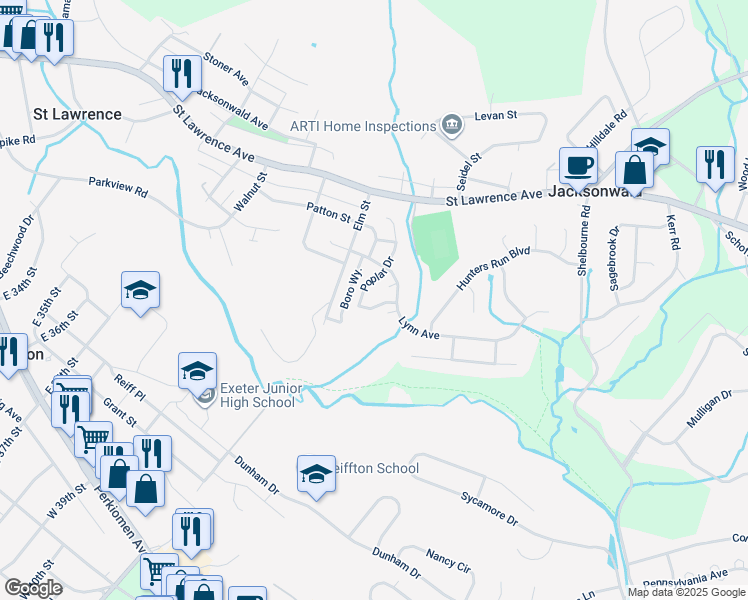 map of restaurants, bars, coffee shops, grocery stores, and more near 3909 Penns Drive in Reading