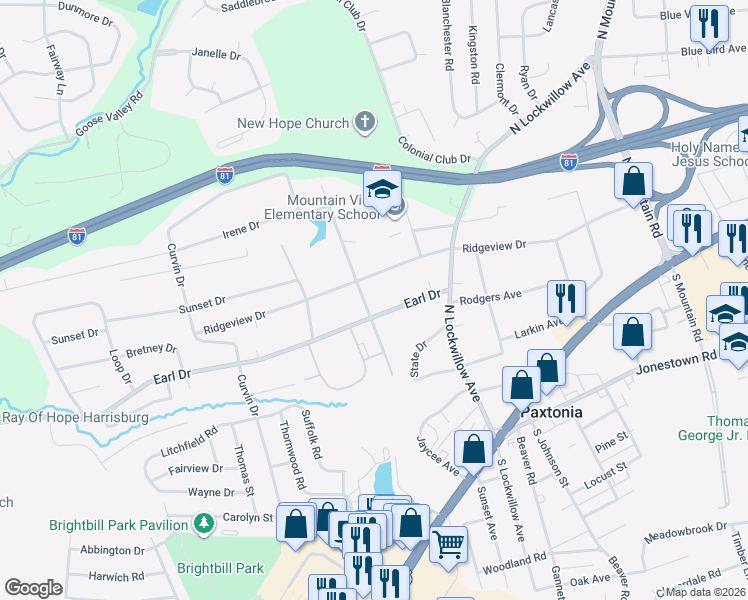 map of restaurants, bars, coffee shops, grocery stores, and more near 5309 Ridgeview Drive in Harrisburg