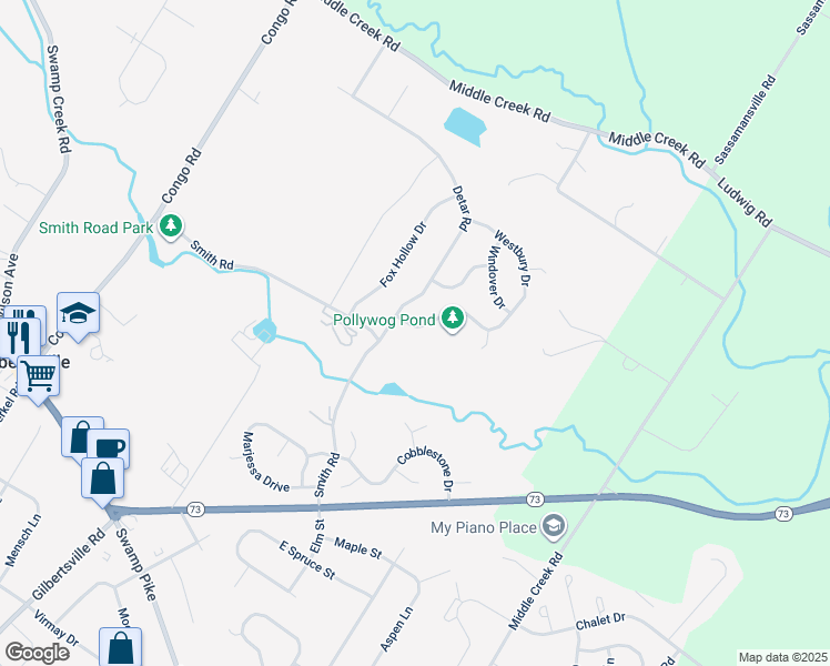 map of restaurants, bars, coffee shops, grocery stores, and more near 30 Westbury Drive in Gilbertsville