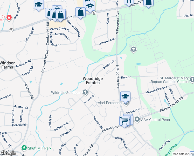 map of restaurants, bars, coffee shops, grocery stores, and more near 2201 Bradley Drive in Harrisburg