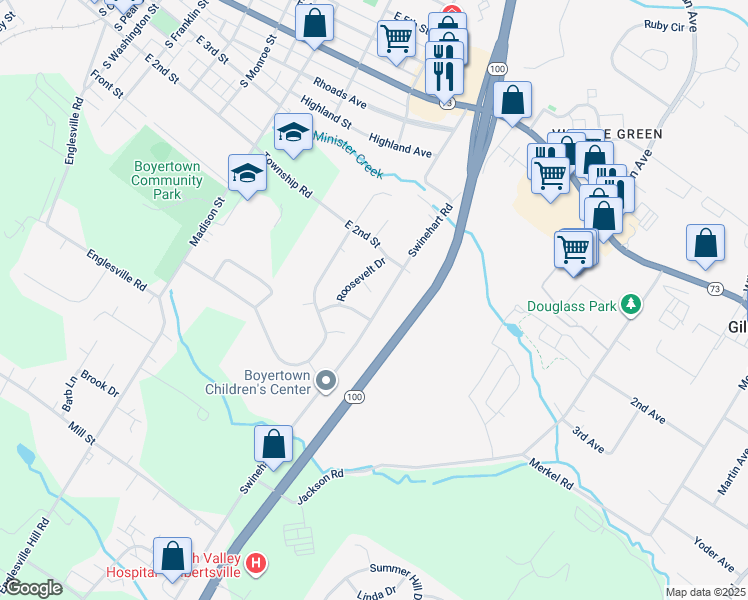 map of restaurants, bars, coffee shops, grocery stores, and more near 34 Lincoln Court in Boyertown