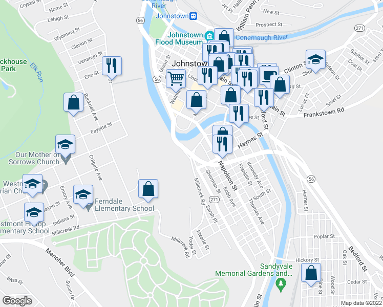 map of restaurants, bars, coffee shops, grocery stores, and more near 852 Johnstown Expressway in Johnstown