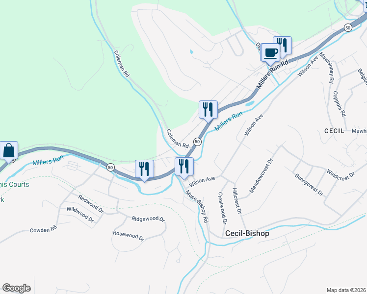 map of restaurants, bars, coffee shops, grocery stores, and more near 3368 Pennsylvania 50 in Cecil-Bishop