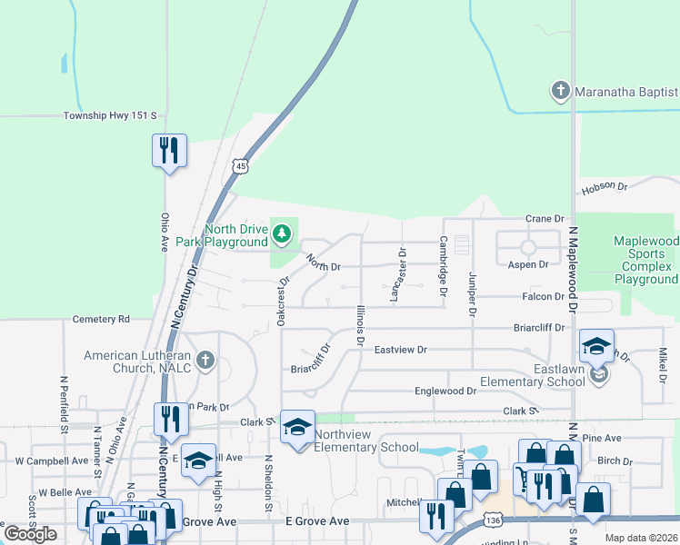 map of restaurants, bars, coffee shops, grocery stores, and more near 919 North Drive in Rantoul