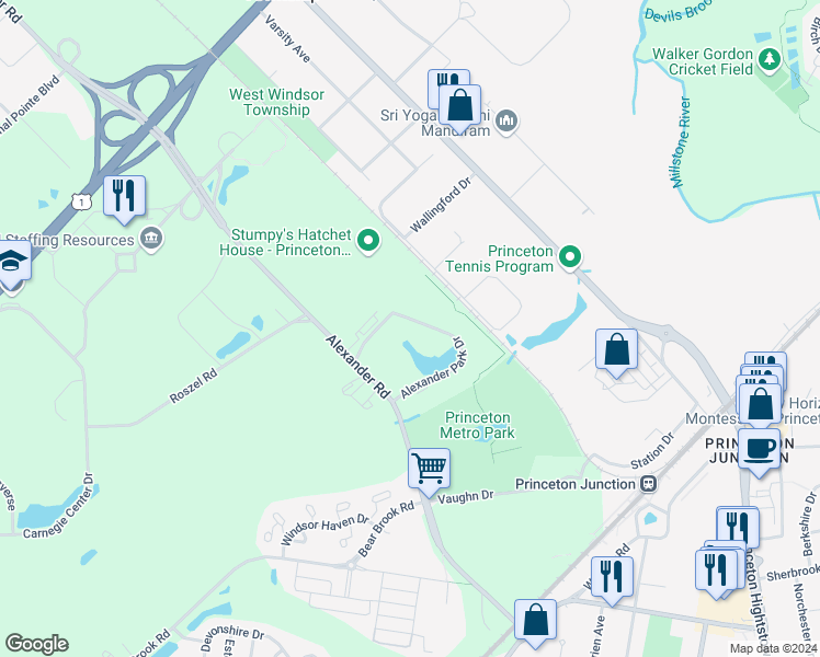 map of restaurants, bars, coffee shops, grocery stores, and more near 600 Alexander Park Drive in Princeton