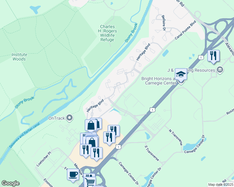 map of restaurants, bars, coffee shops, grocery stores, and more near 309 Trinity Court in Princeton