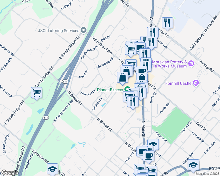 map of restaurants, bars, coffee shops, grocery stores, and more near 39 Woodbridge Drive in Doylestown