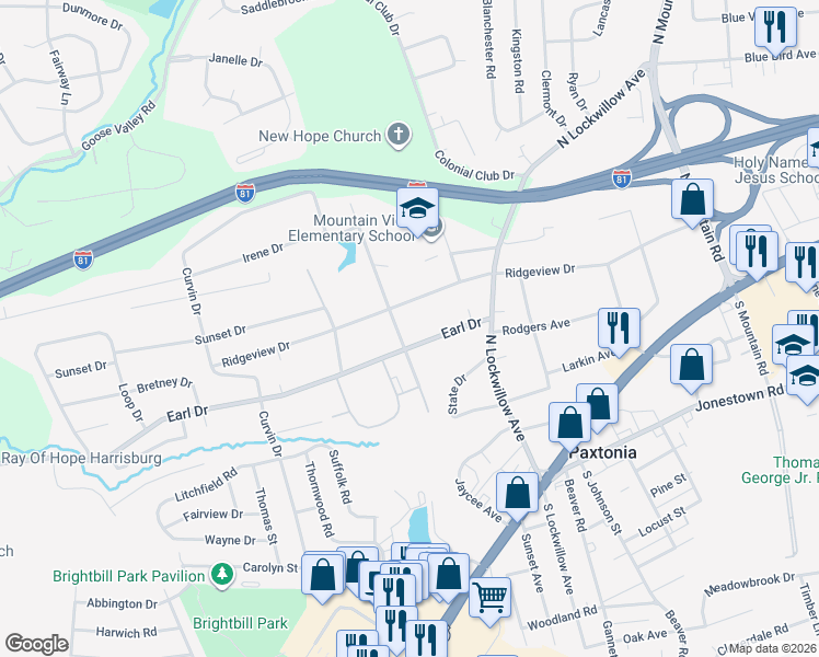 map of restaurants, bars, coffee shops, grocery stores, and more near 5309 Ridgeview Drive in Harrisburg