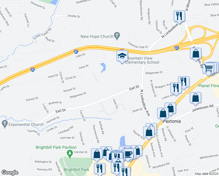 map of restaurants, bars, coffee shops, grocery stores, and more near 5213 Ridgeview Drive in Harrisburg