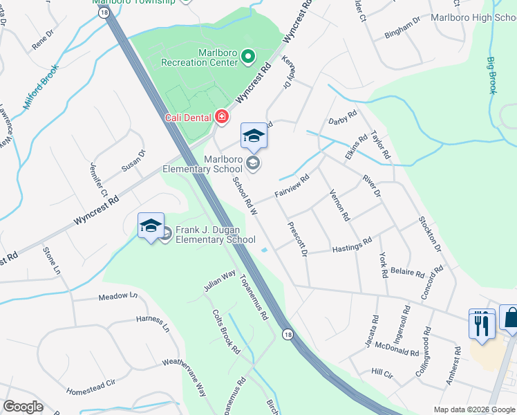 map of restaurants, bars, coffee shops, grocery stores, and more near 5 Fairview Road in Marlboro
