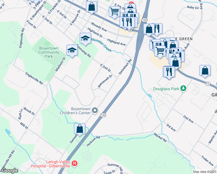 map of restaurants, bars, coffee shops, grocery stores, and more near 34 Lincoln Court in Boyertown