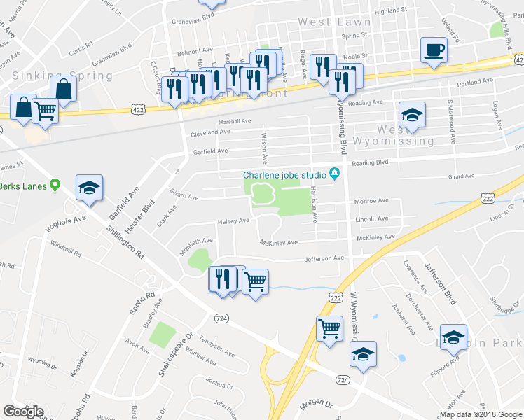 map of restaurants, bars, coffee shops, grocery stores, and more near 204 Halsey Avenue in West Lawn