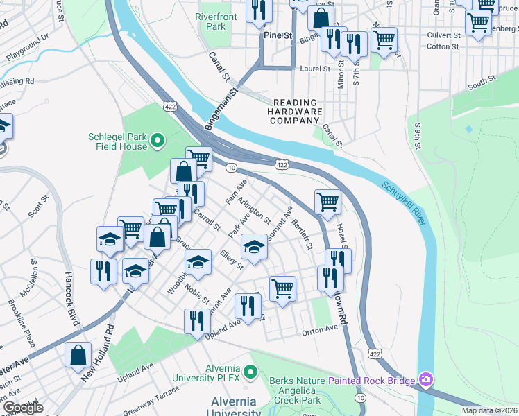 map of restaurants, bars, coffee shops, grocery stores, and more near 100 Park Avenue in West Reading