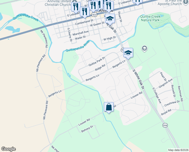 map of restaurants, bars, coffee shops, grocery stores, and more near 307 Reigerts Lane in Annville
