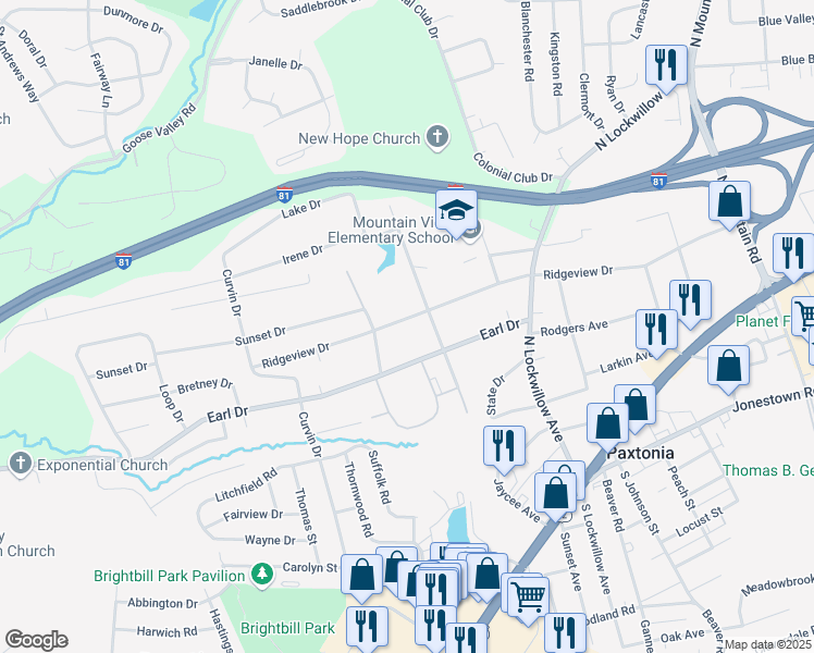 map of restaurants, bars, coffee shops, grocery stores, and more near 5213 Ridgeview Drive in Harrisburg