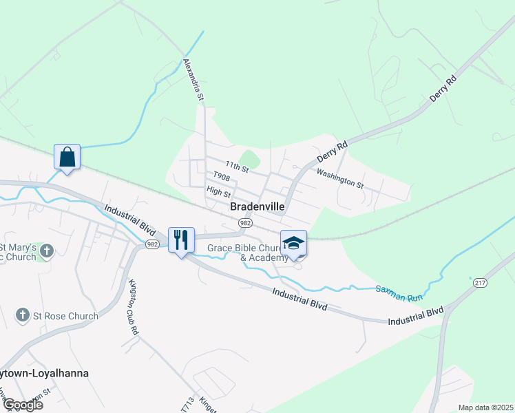 map of restaurants, bars, coffee shops, grocery stores, and more near in Bradenville