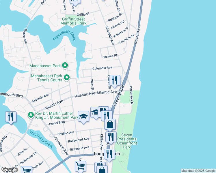 map of restaurants, bars, coffee shops, grocery stores, and more near 466 Church Street in Long Branch