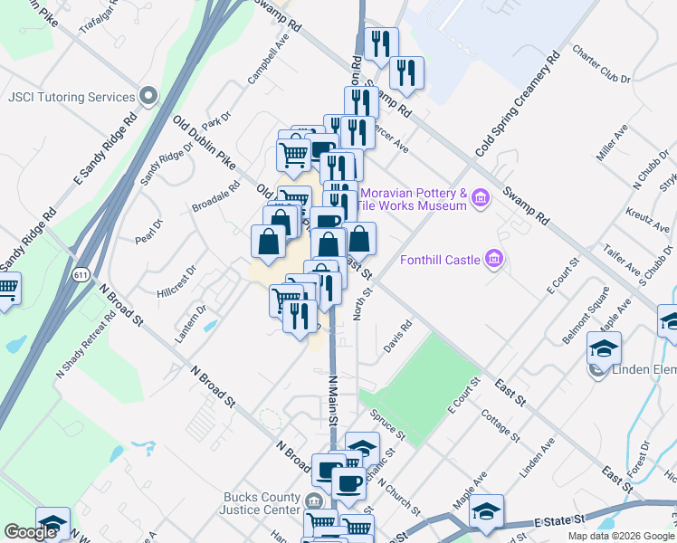 map of restaurants, bars, coffee shops, grocery stores, and more near in Doylestown