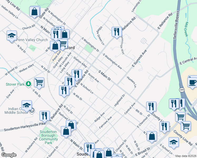 map of restaurants, bars, coffee shops, grocery stores, and more near 376 South Main Street in Telford