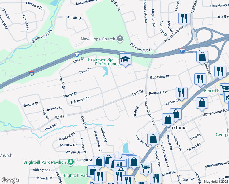 map of restaurants, bars, coffee shops, grocery stores, and more near 5217 Ridgeview Drive in Harrisburg