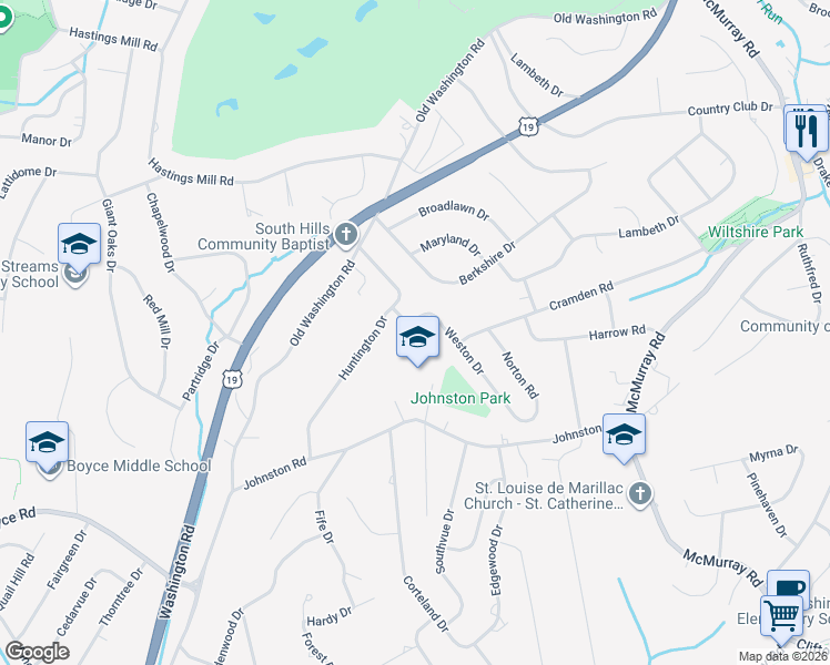 map of restaurants, bars, coffee shops, grocery stores, and more near 2289 Weston Drive in Pittsburgh