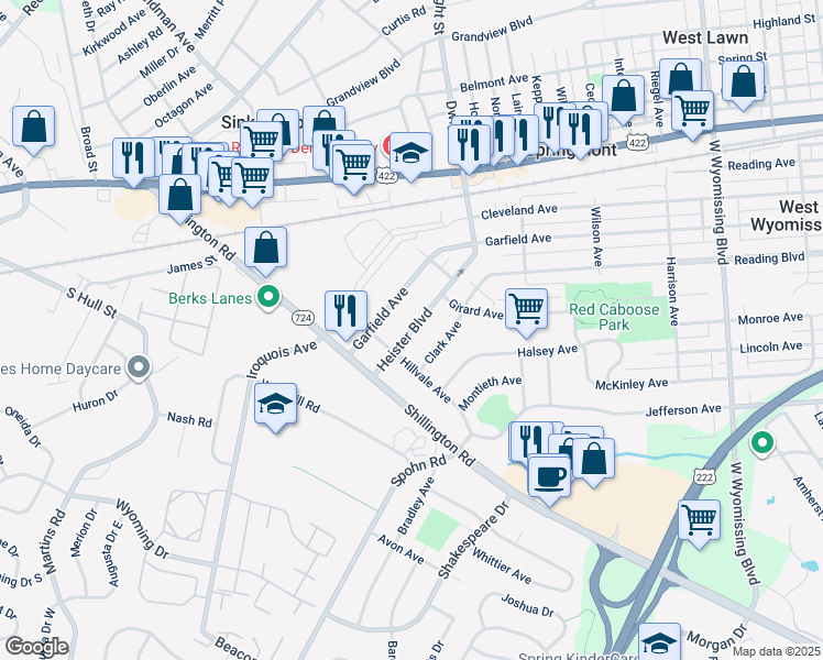 map of restaurants, bars, coffee shops, grocery stores, and more near 2819 Heister Boulevard in Reading