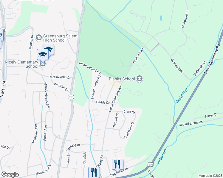 map of restaurants, bars, coffee shops, grocery stores, and more near 956 Academy Heights Drive in Greensburg
