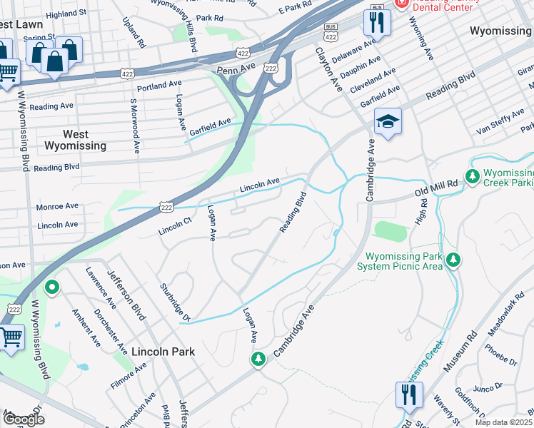 map of restaurants, bars, coffee shops, grocery stores, and more near 1809 Squire Court in Wyomissing