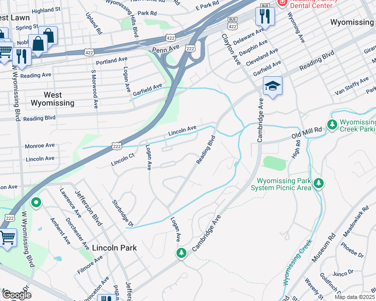 map of restaurants, bars, coffee shops, grocery stores, and more near 1809 Squire Court in Wyomissing