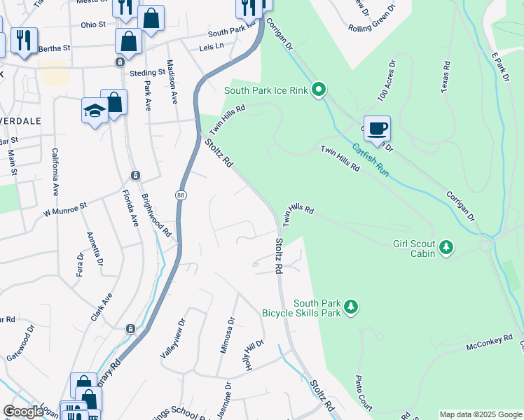 map of restaurants, bars, coffee shops, grocery stores, and more near 1312 Stoltz Road in Bethel Park