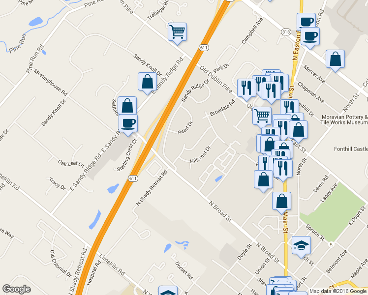 map of restaurants, bars, coffee shops, grocery stores, and more near 15 Broadale Court in Doylestown