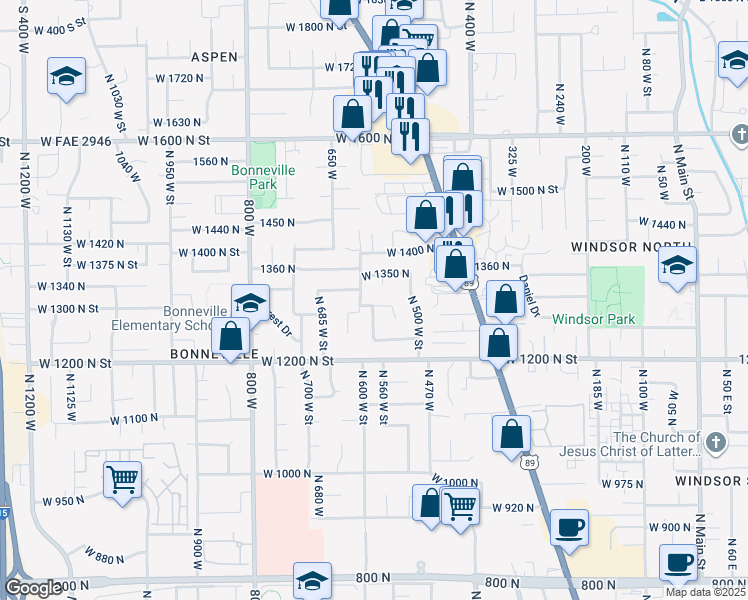 map of restaurants, bars, coffee shops, grocery stores, and more near 582 West 1300 North Street in Orem