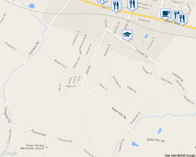 map of restaurants, bars, coffee shops, grocery stores, and more near 119 Shire Lane in Wernersville