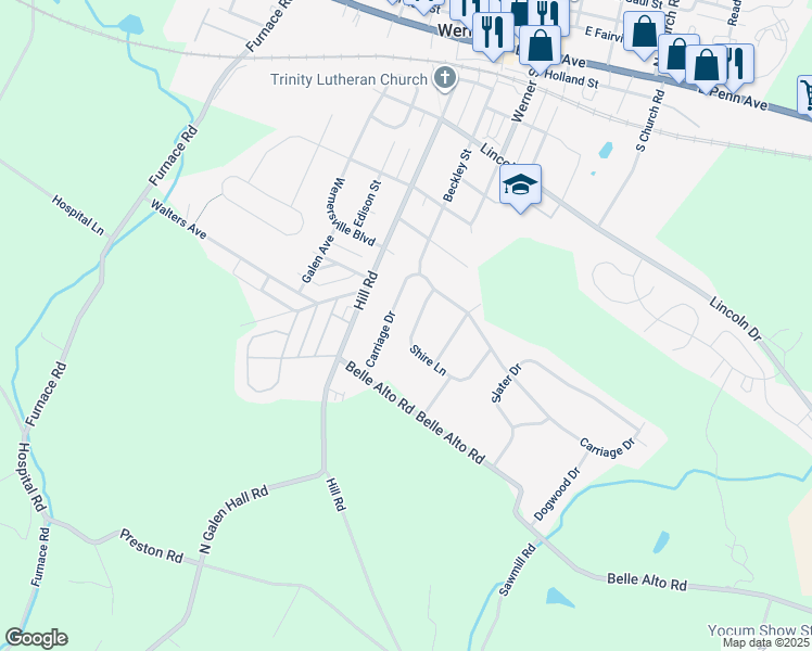 map of restaurants, bars, coffee shops, grocery stores, and more near 119 Shire Lane in Wernersville