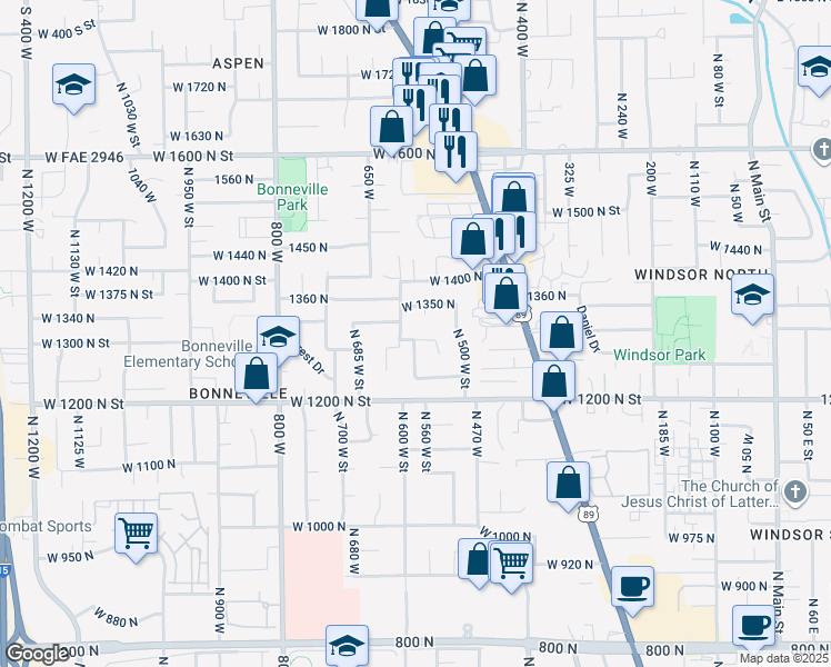 map of restaurants, bars, coffee shops, grocery stores, and more near 582 West 1300 North Street in Orem