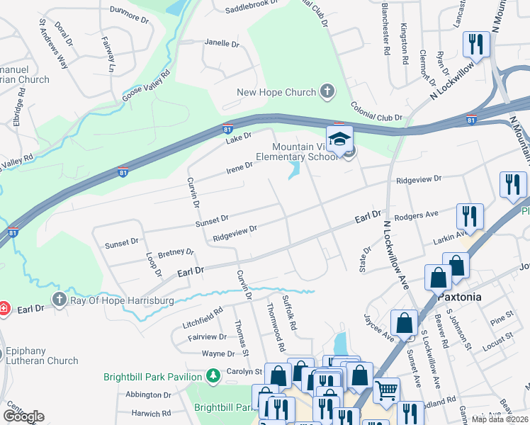 map of restaurants, bars, coffee shops, grocery stores, and more near 5140 Sunset Drive in Harrisburg