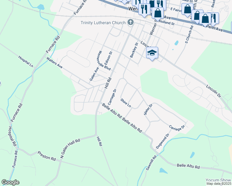 map of restaurants, bars, coffee shops, grocery stores, and more near 12 Carriage Drive in Wernersville