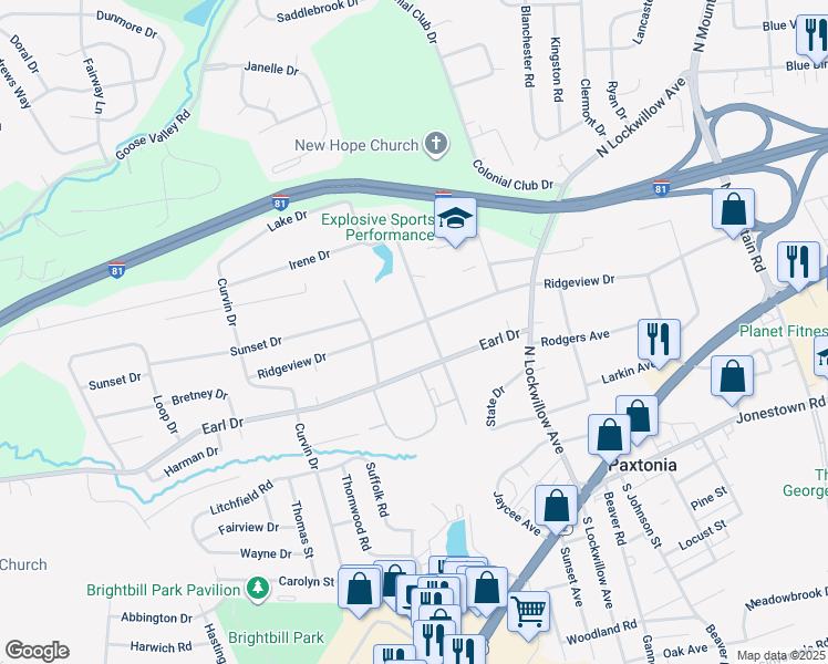 map of restaurants, bars, coffee shops, grocery stores, and more near 5217 Ridgeview Drive in Harrisburg