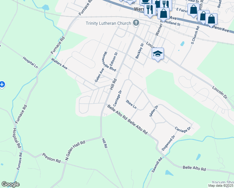 map of restaurants, bars, coffee shops, grocery stores, and more near 12 Carriage Drive in Wernersville