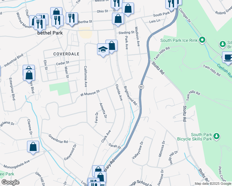 map of restaurants, bars, coffee shops, grocery stores, and more near 2741 West Munroe Street in Bethel Park