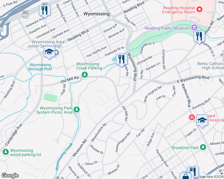 map of restaurants, bars, coffee shops, grocery stores, and more near 1124 Old Mill Road in Wyomissing