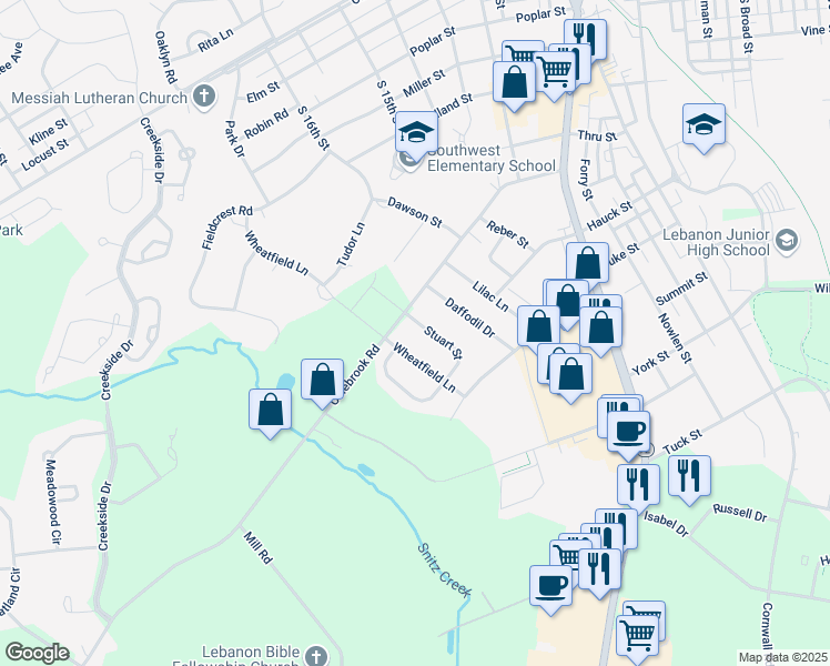 map of restaurants, bars, coffee shops, grocery stores, and more near 206 Stuart Street in Lebanon